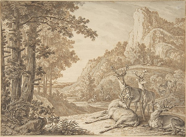 Stags in a Landscape early to mid-18th cent-Johann Elias Ridin,16x12"(A3) Poster