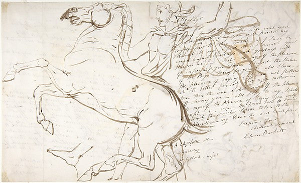 Rearing Horse and Trainer drawn on a letter. Verso - Studies o, Poster Print Wall Art