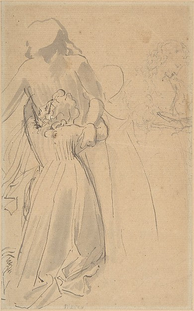 Sheet of Studies with Female Figure Kneeling and Embracing Sta, Poster Print Wall Art
