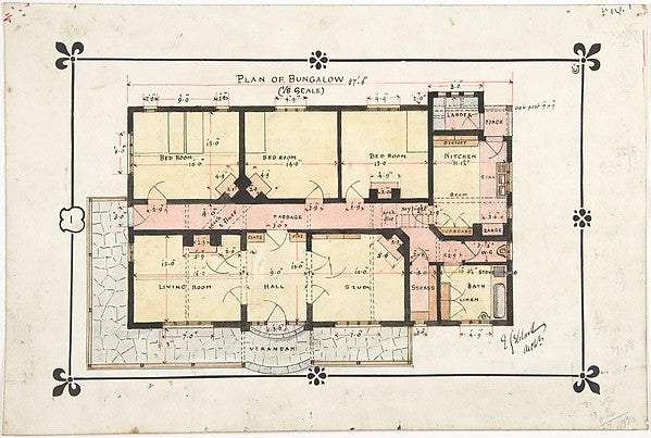 Bungalow drawing -- Floor Plan late 19th–early 20th cent-Ernes, Poster Print Wall Art