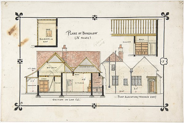 Bungalow drawing -- Eastern elevation and interior late 19th–e, Poster Print Wall Art