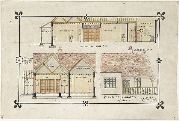 Bungalow drawing -- Western elevation and interior late 19th–e, Poster Print Wall Art