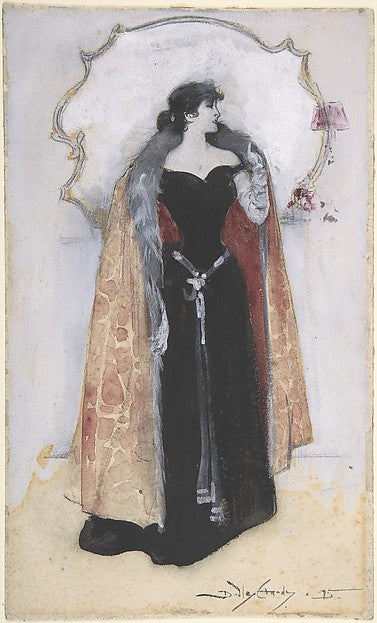 Woman in evening clothes and cape standing in front of mirror, Poster Print Wall Art