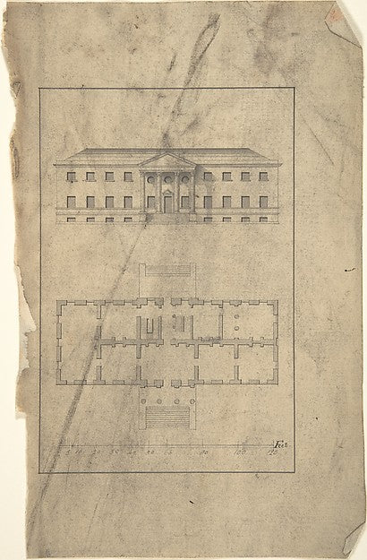Plan and Elevation of Country House early to mid-18th cent-Aft, Poster Print Wall Art