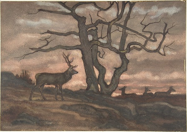 Deer and Tree Against Sunset 1810–75-Antoine-Louis Barye, Poster Print Wall Art
