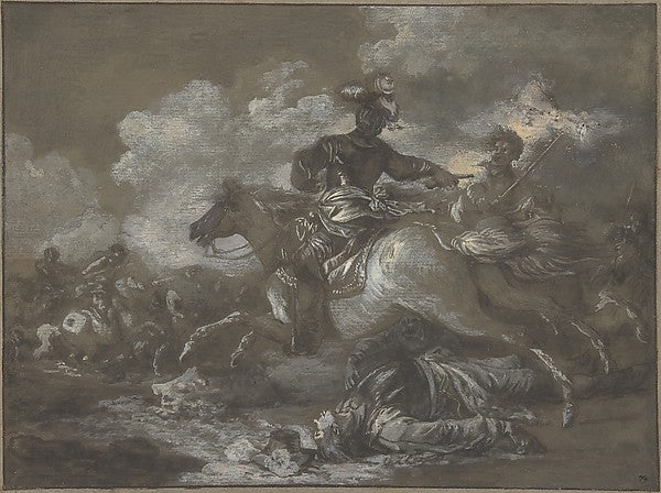 Cavalry Skirmish with a Fallen Soldier at Right 18th cent-Fran,16x12"(A3)Poster