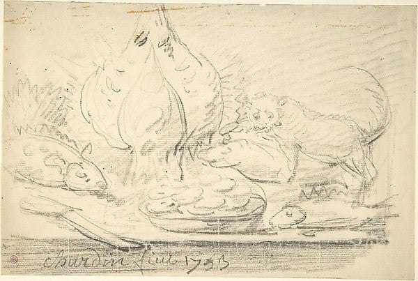 Cat Surveying Fish and Fowl on a Table 1753-Attributed to Jean,16x12"(A3)Poster