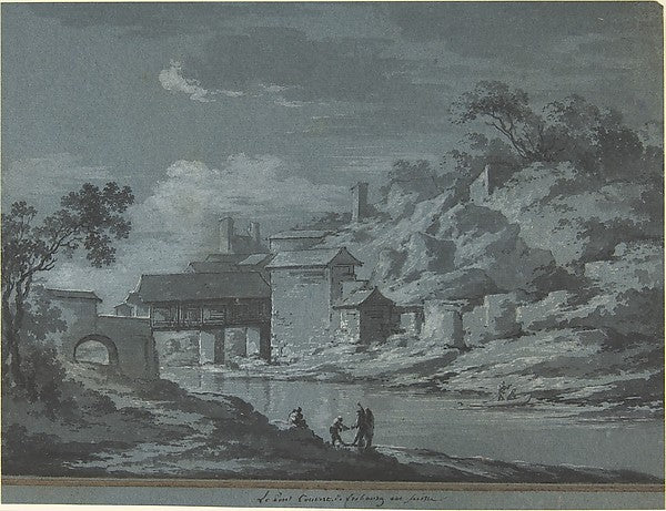 The Covered Bridge at Fribourg 18th cent-Claude Louis Châtelet,16x12"(A3)Poster