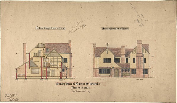 Dwelling house at Esher for Mrs Wethered - Elevation and Sectio, Poster Print Wall Art