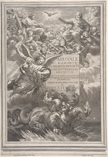 The holy trinity with Saint Michael vanquishing a six-headed d, Poster Print