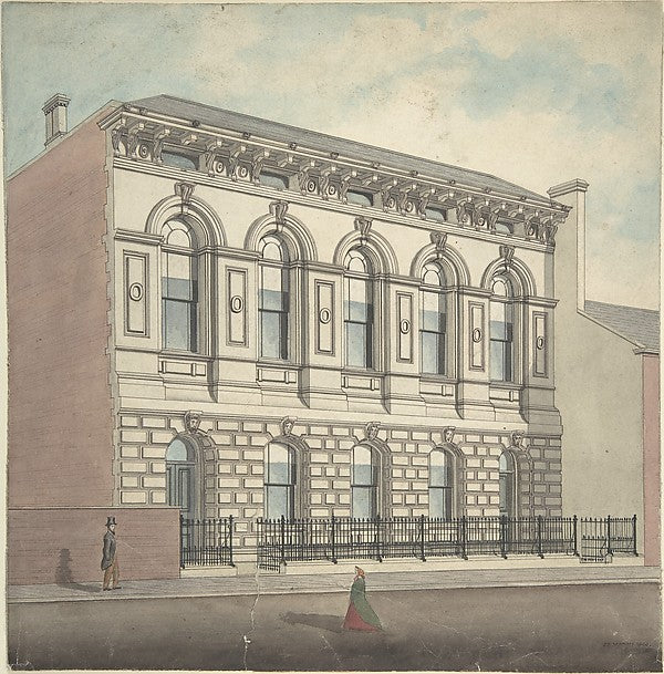 Perspective elevation from left of stonefaced building of fi, Poster Print Wall Art