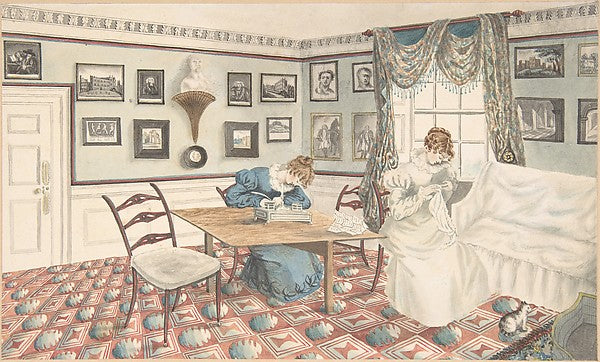 Two young women writing and reading in an interior at Hatton , Poster Print Wall Art