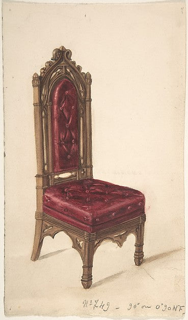 Gothic Style Chair with Dark Wood Frame and Maroon Upholstery , Poster Print Wall Art