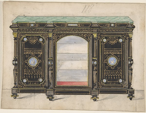 Cabinet Design with Glass Front its Doors Adorned with Porcel,16x12"(A3)Poster