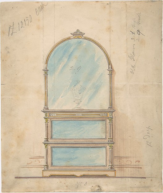 Design for a Mirror-fronted Cabinet Topped with a Mirror 19th , Poster Print Wall Art