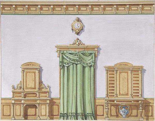 Interior Design with a Central Door Covered by Green Drapery a, Poster Print Wall Art