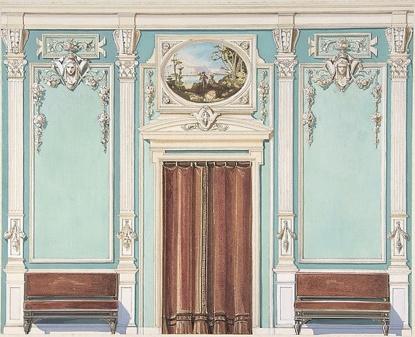 Interior Design with a Central Door with Brown Curtains Flanke, Poster Print Wall Art