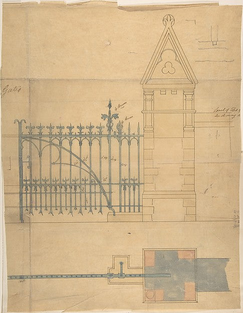 Church Gates Elevation and Plan 1870–1900-Attributed to Richa,16x12"(A3)Poster