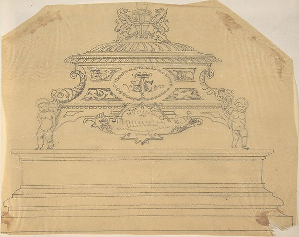 Metal Casket Supported by Putti Inscribed with Crowned Initia,16x12"(A3)Poster