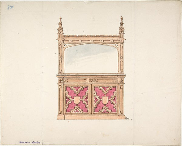 Design for Gothic Style Cabinet with Mirror early 19th cent-An,16x12"(A3)Poster