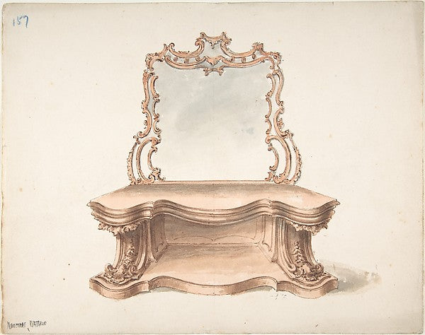Design for Curvilinear Side Table with Mirror early 19th cent-,16x12"(A3)Poster