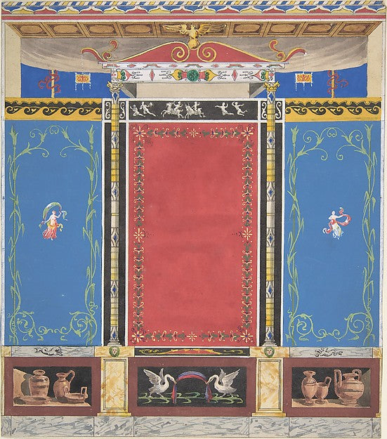 Painted Wall Decor Featuring Thin Column with a Pair of Swans, Poster Print
