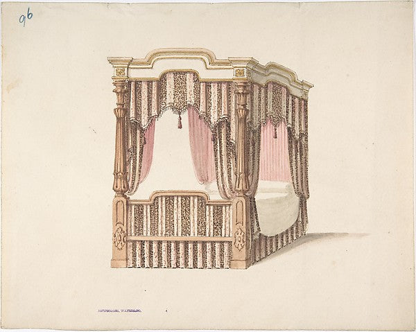 Design for a Four-poster Bed with Pink Brown and White Draper, Poster Print Wall Art