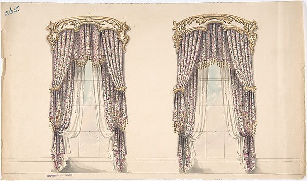 Design for Pink Mauve and White Floral Curtains with a Gold a, Poster Print Wall Art