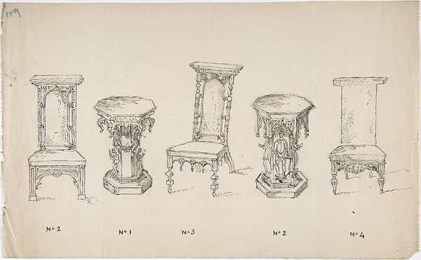 Design for Three Low Chairs and Two Pedestal Tables early 19th,16x12"(A3)Poster