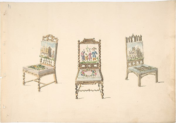 Design for Three Chairs with Pictorial Upholstery early 19th c,16x12"(A3)Poster