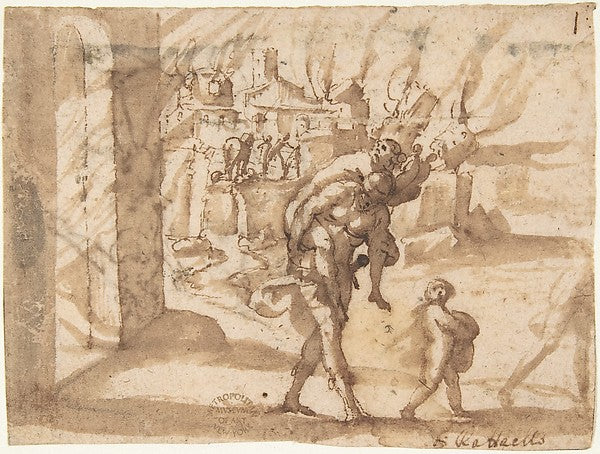 Aeneas Carrying Anchises in the Burning of Troy 1624–63-attrib, Poster Print Wall Art