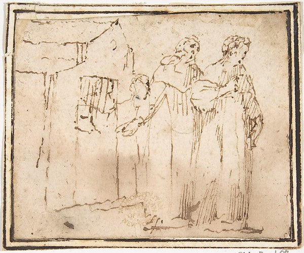 Two Monastic Figures Standing before a Church 1624–63-attribut, Poster Print Wall Art
