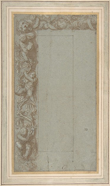 Design for Ornamental Border with Foliage Putti and a Lion's, Poster Print Wall Art