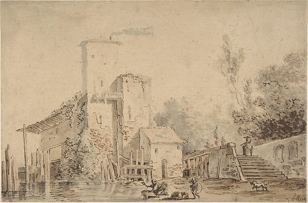 Farm House by a River with Figures 1765-Louis Gabriel Moreau,16x12"(A3) Poster