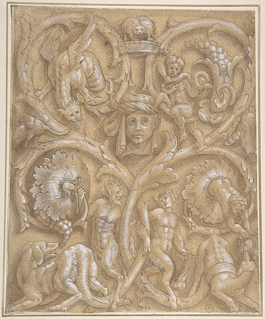 Design for an Ornamental Panel with Rinceaux Satyrs Putti M, Poster Print Wall Art