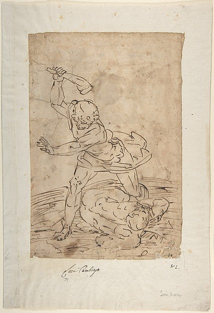 Study of Two Male Figures Fighting. mid-16th cent-Circle of Lu, Poster Print Wall Art