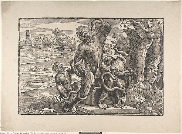 Caricature of the scuptural group 'the Laocoön' c1540–45-Attr, Poster Print Wall Art