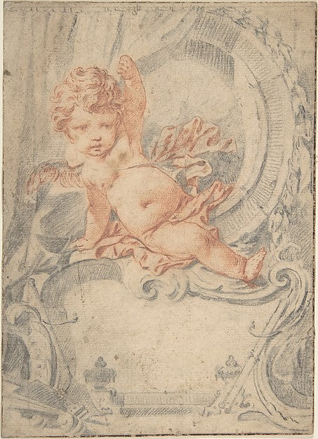 Cupid posed in an Ornamental Cartouche 18th cent-Anonymous,Fr, Poster Print