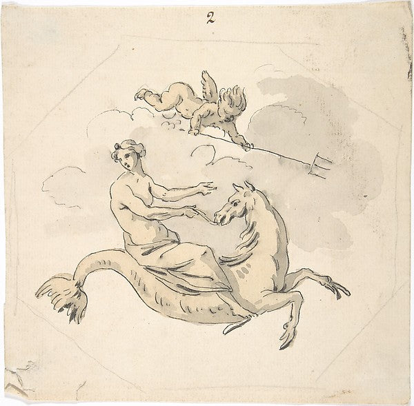 Ceiling Design of a Nereid Mounted on a Hippocamp with Putto 1, Poster Print Wall Art