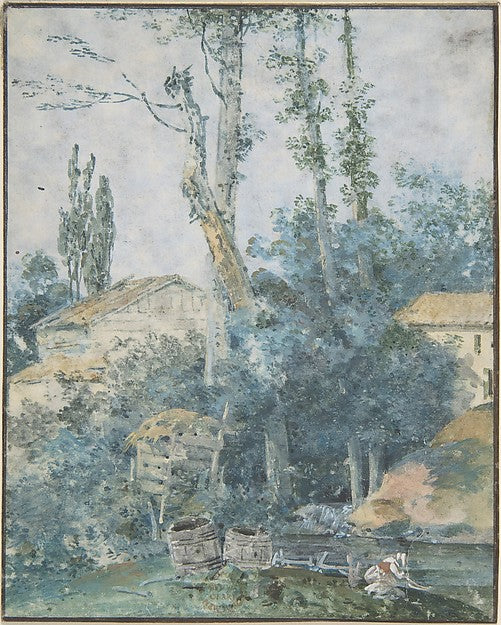Rustic Scene – A Woman Washing Clothes in a Stream 18th cent-A, Poster Print Wall Art