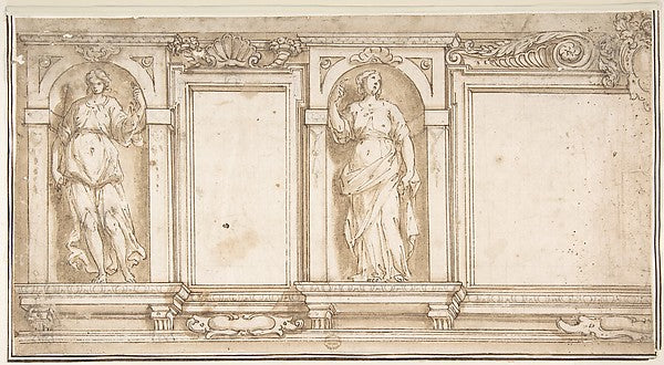 Design for Wall Decoration with Two Female Figures 16th cent-I,16x12"(A3) Poster