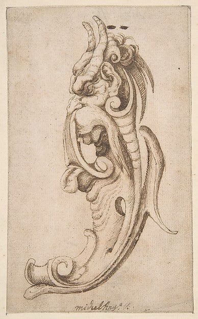 Cartouche in the Form of a Horned Monster's Head in Near Profi, Poster Print Wall Art