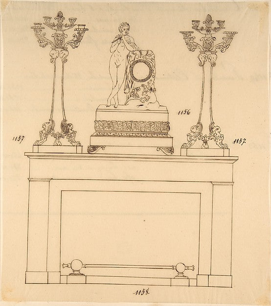 Design for a Fireplace Iron Mantle Candlesticks and a Clock 1, Poster Print