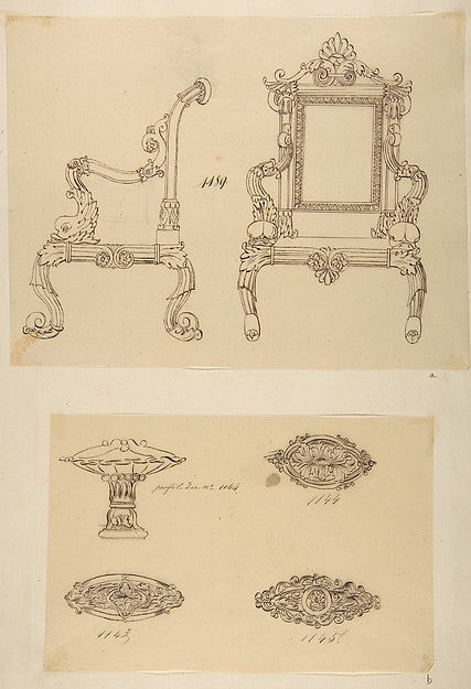 Design for a Chair and Three Designs for Ceiling Molding 19th, Poster Print