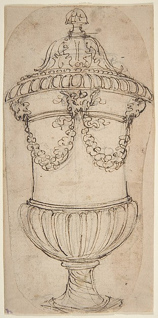 Design for a Lidded Gadrooned Vase with Satyr Heads Holding Ga,16x12"(A3)Poster