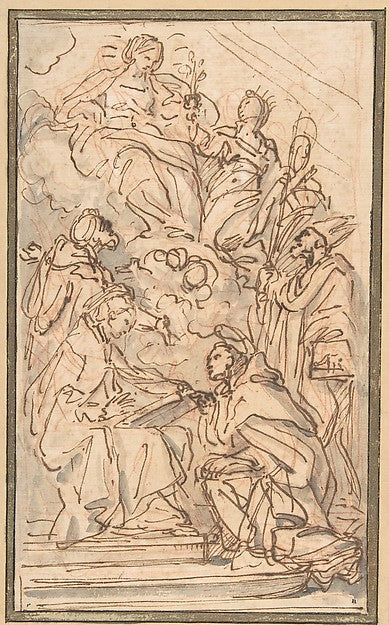 The Virgin with Female Attendant Appearing to Four Male Saints, Poster Print Wall Art