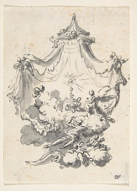 Parted Curtains Revealing Angels Upon Clouds Worshipping a Mon, Poster Print