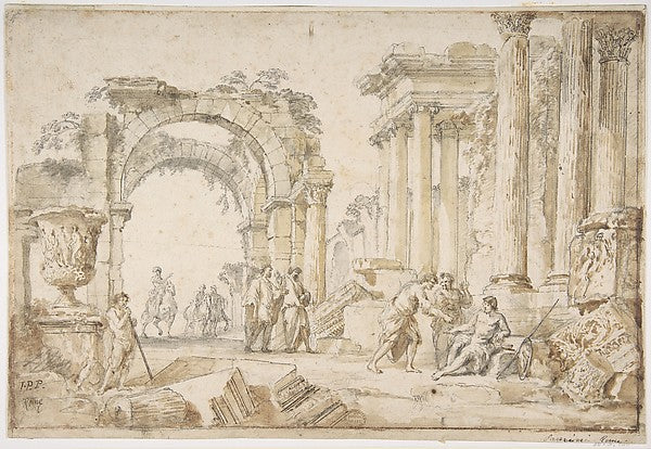 Figures in Classical Ruins 1691–1765-Giovanni Paolo Panini,16x12"(A3) Poster