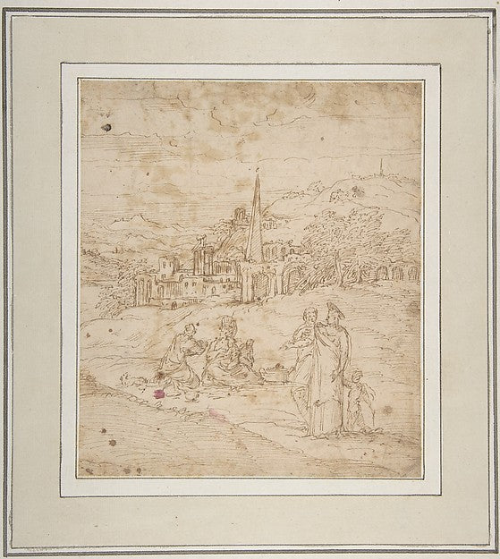Standing and Seated Figures in a Landscape with an Obelisk 152, Poster Print Wall Art