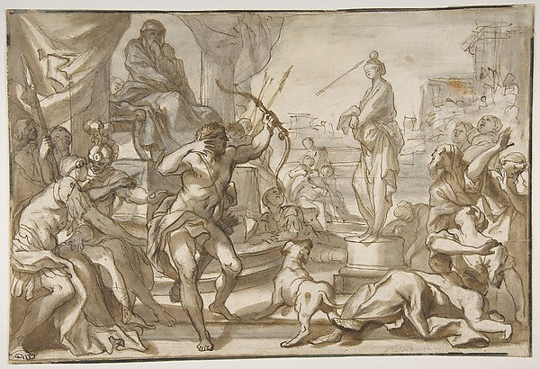 Male Figure with a Bow and Arrow Shooting at a Statue of a Wom,16x12"(A3) Poster